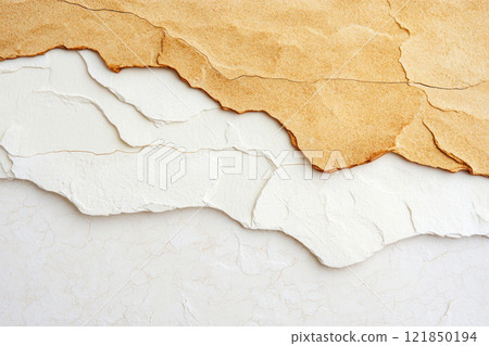 Textured layers of brown and white paper creating an artistic background effect. Textured layers of brown and white paper creating an artistic background effect. 121850194