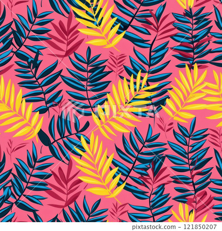 Vibrant tropical leaves pattern in pink background, perfect for decorative designs. 121850207