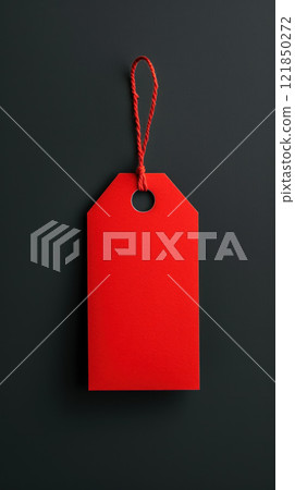 Vibrant red tag on a dark background, perfect for labeling products or gifts with a bold touch. Vibrant red tag on a dark background, perfect for labeling products or gifts with a bold touch. 121850272