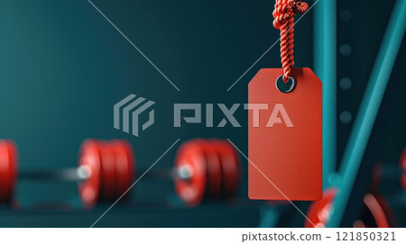 Close-up of a red tag hanging against a blurred gym background, highlighting fitness equipment and vibrant colors. 121850321