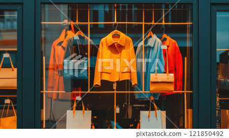 Stylish clothing displayed in a store window, showcasing vibrant colors and fashion accessories. Stylish clothing displayed in a store window, showcasing vibrant colors and fashion accessories. 121850492