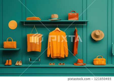 Stylish display of orange fashion items against a teal background, showcasing modern clothing, accessories, and vibrant design. Stylish display of orange fashion items against a teal background, showcasing modern clothing, accessories, and vibrant design. 121850493