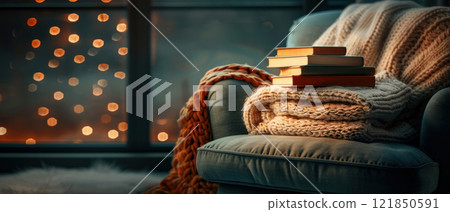 Cozy reading nook with a stack of books and a warm blanket, reading nook, comfort 121850591