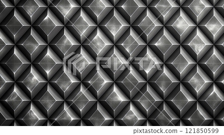 Black and silver metallic background texture with three-dimensional geometric square pattern Black and silver metallic background texture with three-dimensional geometric square pattern 121850599