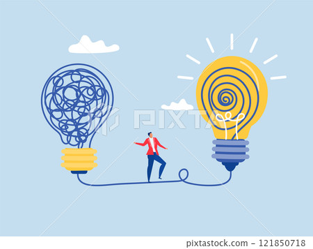 business people discover easy way,businessman walking away from mess chaos line to simple lightbulb idea for Simplify idea to find solution vector illustrator business people discover easy way,businessman walking away from mess chaos line to simple lightbulb idea for Simplify idea to find solution vector illustrator 121850718