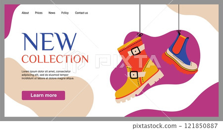 Shoes new collection. Shopping landing page. Fashionable accessory. Footwear sale. Trendy leather boots. Seasonal footgear. Outwear clothing. Foot wear retail. Stylish purchase. Vector shop background Shoes new collection. Shopping landing page. Fashionable accessory. Footwear sale. Trendy leather boots. Seasonal footgear. Outwear clothing. Foot wear retail. Stylish purchase. Vector shop background 121850887