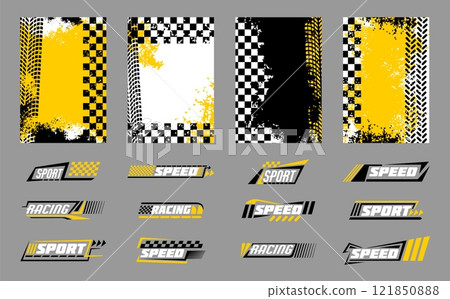 Race car. Formula speed sport. Stripe decal pattern. Auto rally. Bike racing check badge. Road checker frame. Tyre drift. Street dirt. Checkered automobile decoration. Grunge yellow banners vector set Race car. Formula speed sport. Stripe decal pattern. Auto rally. Bike racing check badge. Road checker frame. Tyre drift. Street dirt. Checkered automobile decoration. Grunge yellow banners vector set 121850888