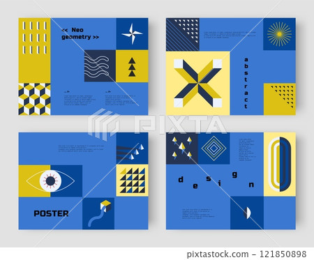 Neo geo posters. Abstract color cards. Minimal figures collage. Bright squares. Stars and circles. Bauhaus shapes. Modern design geometric compositions. Triangle forms. Vector brutalist banners set 121850898