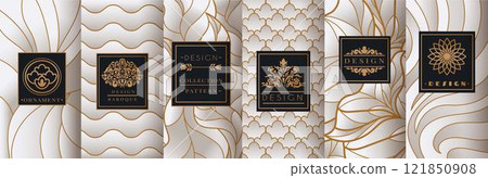 Gold design background. Label golden pattern. Wine package. Floral box logo. Marble premium texture. Leaves ornament. Beauty modern frame. Curve lines print. Baroque sticker. Vector tidy borders set Gold design background. Label golden pattern. Wine package. Floral box logo. Marble premium texture. Leaves ornament. Beauty modern frame. Curve lines print. Baroque sticker. Vector tidy borders set 121850908