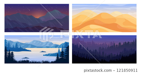 Mountains abstract background. Nature landscape. Desert and valley lake. Flat horizon. Game design graphics. Sunrise sky. Outdoor panorama. Night forest scenery. Vector garish natural wallpapers set 121850911