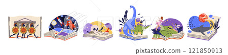 Open book. Concept of imagination. Fairy tales pages. Live animated fictional characters. Reading novels. Ancient history. Library of adventure. Archeology and fantasy literature. Vector textbooks set 121850913