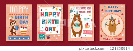 Birthday card. Happy kids party celebration. Elements hat, cake, animal character. Bear and sloth. Poster with gifts, confetti decoration. Banner balloons. Vector tidy cartoon flat isolated background Birthday card. Happy kids party celebration. Elements hat, cake, animal character. Bear and sloth. Poster with gifts, confetti decoration. Banner balloons. Vector tidy cartoon flat isolated background 121850914