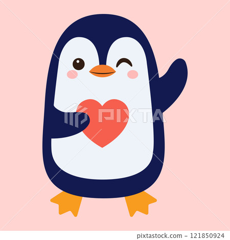 Cute penguin holding paper heart, flat illustration 121850924