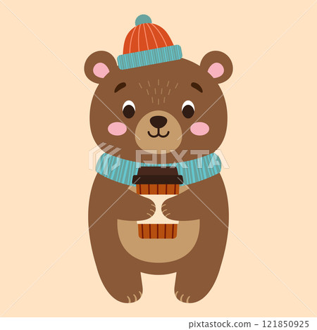 Cute bear holding a glass of coffee, flat illustration Cute bear holding a glass of coffee, flat illustration 121850925