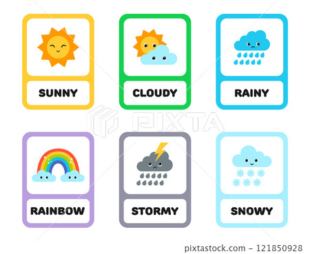 Flashcards for learning weather. Children's educational cards. Vector illustration. Flashcards for learning weather. Children's educational cards. Vector illustration. 121850928