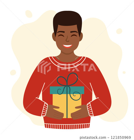 Young blonde man holding a gift. Christmas design. Vector simple flat illustration Young blonde man holding a gift. Christmas design. Vector simple flat illustration 121850969