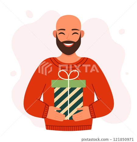 Young bald bearded man holding a gift. Christmas design. Vector simple flat illustration Young bald bearded man holding a gift. Christmas design. Vector simple flat illustration 121850971
