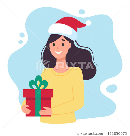 Young dark-haired woman holding a gift. Christmas design. Vector simple flat illustration 121850973