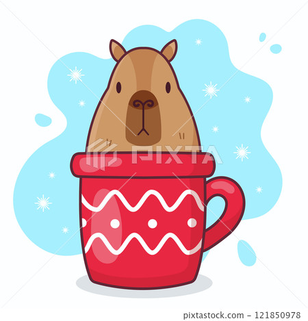 Cute capybara in a red cup. Vector Christmas illustration 121850978