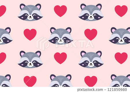Cute pattern. Raccoon and hearts. Vector illustration 121850980