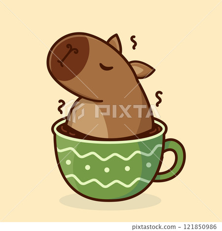 Cute cartoon capybara in a cup. Vector Christmas illustration 121850986