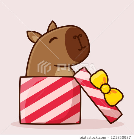 Cute cartoon capybara and gift. Vector Christmas illustration 121850987