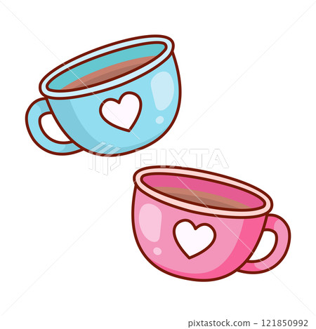 Two mugs. Valentine's Day design. Vector illustration 121850992