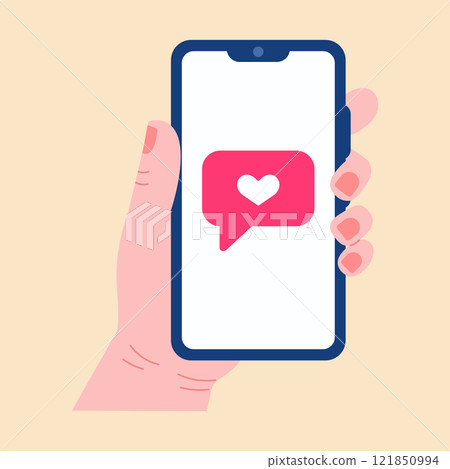 Love message. Hand with phone. Valentine's day. Vector illustration 121850994