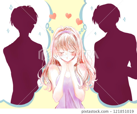 一個女人在兩個男人之間困惑的剪影 一個女人在兩個男人之間困惑的剪影 121851019