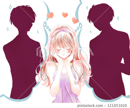 一個女人在兩個男人之間困惑的剪影 一個女人在兩個男人之間困惑的剪影 121851020