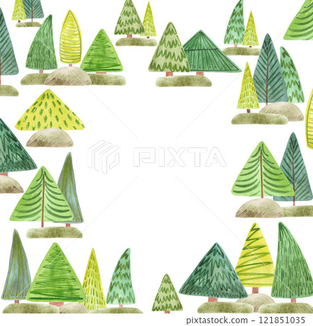 Hand drawn watercolor fir tree frame border. Illustration of evergreen trees isolated on white background. Can be used for postcard, label, scrapbook and other printed products. Hand drawn watercolor fir tree frame border. Illustration of evergreen trees isolated on white background. Can be used for postcard, label, scrapbook and other printed products. 121851035