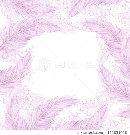 Carnival pink feather with pearls frame border. Hand drawn watercolor masquerade illustration isolated on white background. Can be used for postcard, label, scrapbook and other printed products. Carnival pink feather with pearls frame border. Hand drawn watercolor masquerade illustration isolated on white background. Can be used for postcard, label, scrapbook and other printed products. 121851038