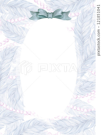 Carnival blue feathers with pearls and bow frame border. Hand drawn watercolor masquerade illustration isolated on white background. Can be used for postcard, invitation and other printed products. Carnival blue feathers with pearls and bow frame border. Hand drawn watercolor masquerade illustration isolated on white background. Can be used for postcard, invitation and other printed products. 121851041