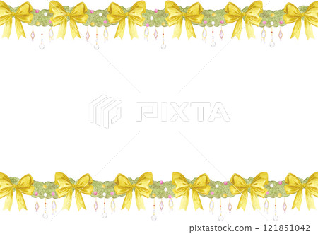 Christmas garlands frame border. Hand drawn watercolor illustration of spruce with bows isolated on white background. Can be used for postcard, label, scrapbook and other printed products. Christmas garlands frame border. Hand drawn watercolor illustration of spruce with bows isolated on white background. Can be used for postcard, label, scrapbook and other printed products. 121851042