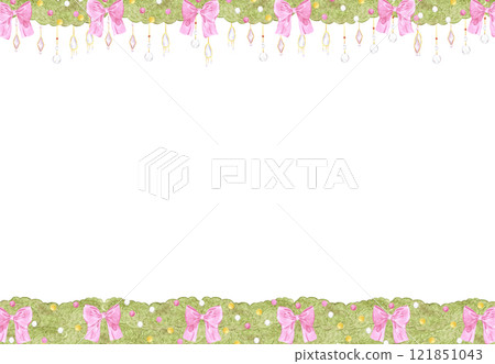 Christmas garlands frame border. Hand drawn watercolor illustration of spruce with bows isolated on white background. Can be used for postcard, label, scrapbook and other printed products. Christmas garlands frame border. Hand drawn watercolor illustration of spruce with bows isolated on white background. Can be used for postcard, label, scrapbook and other printed products. 121851043