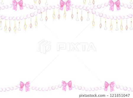 Christmas garlands frame border. Hand drawn watercolor illustration of string of beads with bows isolated on white background. Can be used for postcard, invitation and other printed products. Christmas garlands frame border. Hand drawn watercolor illustration of string of beads with bows isolated on white background. Can be used for postcard, invitation and other printed products. 121851047