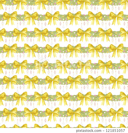 Garlands seamless pattern. Hand drawn watercolor illustration of spruce with bows isolated on white background. Can be used for textile, fabric, scrapbook and other printed products. Garlands seamless pattern. Hand drawn watercolor illustration of spruce with bows isolated on white background. Can be used for textile, fabric, scrapbook and other printed products. 121851057