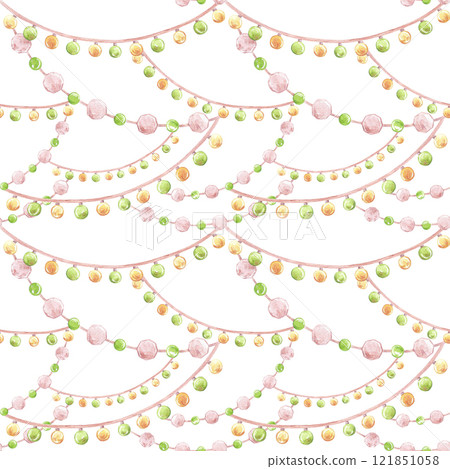 Garlands seamless pattern. Hand drawn watercolor illustration of string of lights isolated on white background. Can be used for textile, fabric, scrapbook and other printed products. Garlands seamless pattern. Hand drawn watercolor illustration of string of lights isolated on white background. Can be used for textile, fabric, scrapbook and other printed products. 121851058