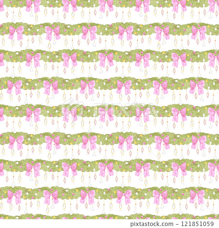 Garlands seamless pattern. Hand drawn watercolor illustration of spruce with pink bows isolated on white background. Can be used for textile, fabric, scrapbook and other printed products. Garlands seamless pattern. Hand drawn watercolor illustration of spruce with pink bows isolated on white background. Can be used for textile, fabric, scrapbook and other printed products. 121851059