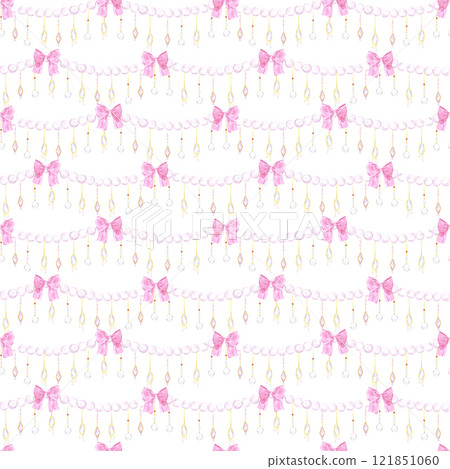 Garlands seamless pattern. Hand drawn watercolor illustration of string of beads with bows isolated on white background. Can be used for textile, fabric, scrapbook and other printed products. Garlands seamless pattern. Hand drawn watercolor illustration of string of beads with bows isolated on white background. Can be used for textile, fabric, scrapbook and other printed products. 121851060