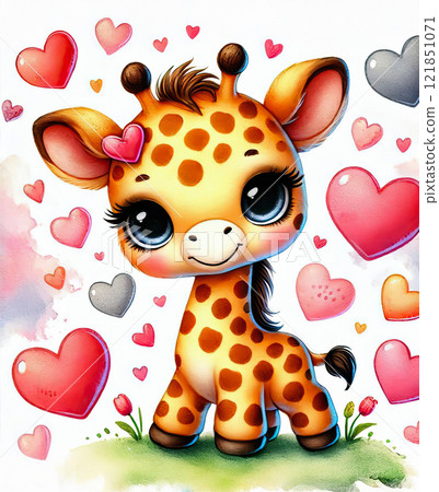 A cute, cartoon-style baby giraffe with large, expressive eyes and a friendly smile with red hearts A cute, cartoon-style baby giraffe with large, expressive eyes and a friendly smile with red hearts 121851071