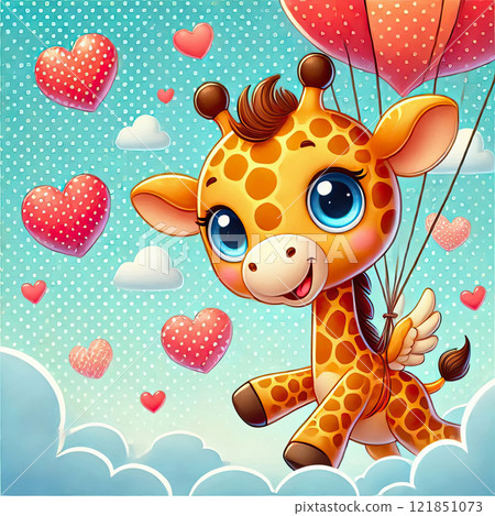 A cute, cartoon-style baby giraffe with large, expressive eyes and a friendly smile with red hearts A cute, cartoon-style baby giraffe with large, expressive eyes and a friendly smile with red hearts 121851073