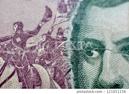 National Argentinian currency - 5 cinco pesos paper banknote close up macro 121851156