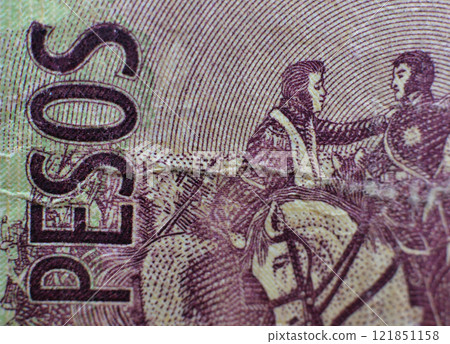 National Argentinian currency - 5 cinco pesos paper banknote close up macro 121851158