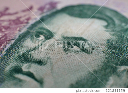 National Argentinian currency - 5 cinco pesos paper banknote close up macro 121851159