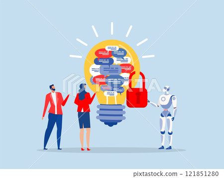 copyright idea,businesspeople owner standing with light bulb idea locked with padlock for patents.patented protection, copyright reserved Intellectual property vector illustrator  121851280