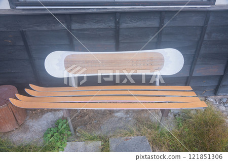 [Upcycled] Bench made from skis and snowboards 121851306