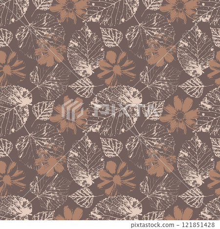 Seamless pattern with brown tree leaves and cosmos flowers stamps 121851428