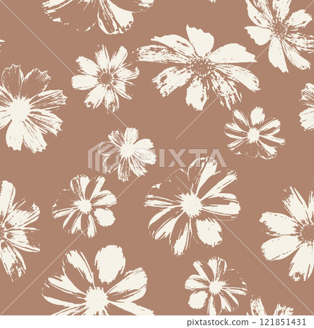 Seamless pattern with daisy flower stamps on brown background Seamless pattern with daisy flower stamps on brown background 121851431