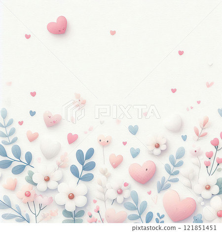 Cute illustration with smiling clouds and hearts in pastel colors, perfect for Valentine's Day or children's decor. 121851451